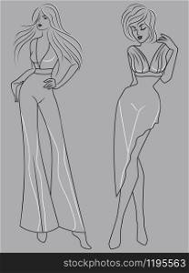 Abstract outline of two graceful ladies in fashionable clothes isolated on the muted blue gray background