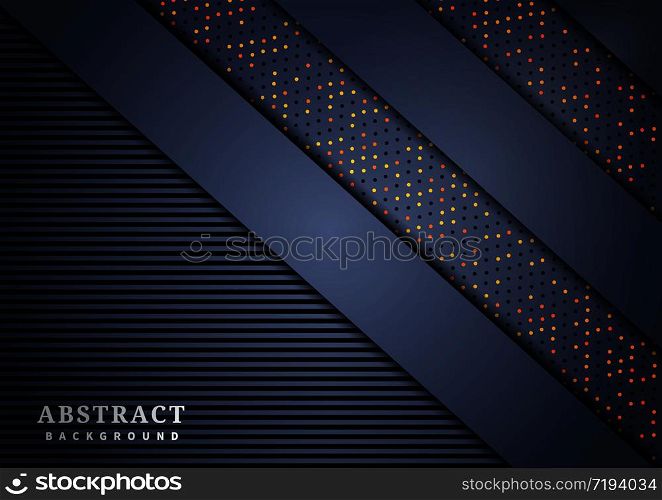 Abstract overlap layer with geometric line shapes on dark background with glitter and glowing dots and copy space for text. Modern style. Vector illustration