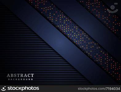 Abstract overlap layer with geometric line shapes on dark background with glitter and glowing dots and copy space for text. Modern style. Vector illustration