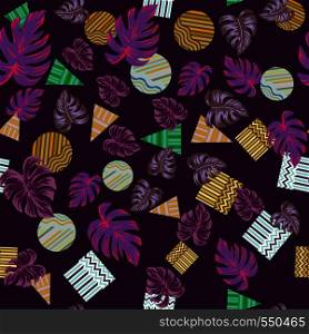 Abstract overlapping geometric pattern with tropical monstera leaves and circle square triangle seamless pattern on the bordo background