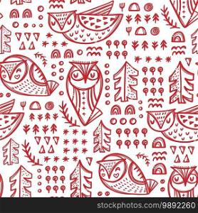 ABSTRACT OWLS Hand Drawn Seamless Pattern Vector Illustration