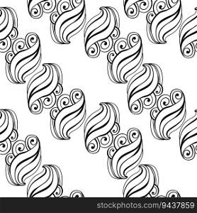 Abstract paisley seamless pattern, curled motifs in diagonal rows on a white background vector illustration
