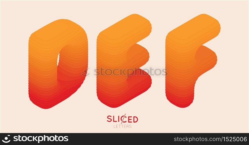 Abstract paper cut sliced letters with color gradient. Paper sclices with soft shadow form 3d letters. Minimalistic design. Alphabet vector illustration. Paper craft symbols D E F. Abstract paper cut sliced letters with color gradient. Paper sclices with soft shadow form 3d letters. Minimalistic design. Alphabet vector illustration. Paper craft symbols D E F.
