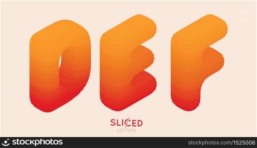 Abstract paper cut sliced letters with color gradient. Paper sclices with soft shadow form 3d letters. Minimalistic design. Alphabet vector illustration. Paper craft symbols D E F. Abstract paper cut sliced letters with color gradient. Paper sclices with soft shadow form 3d letters. Minimalistic design. Alphabet vector illustration. Paper craft symbols D E F.