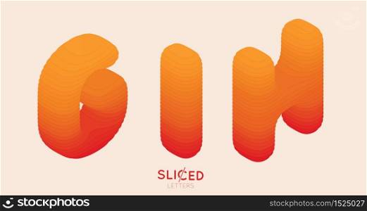Abstract paper cut sliced letters with color gradient. Paper sclices with soft shadow form 3d letters. Minimalistic design. Alphabet vector illustration. Paper craft symbols G I H. Abstract paper cut sliced letters with color gradient. Paper sclices with soft shadow form 3d letters. Minimalistic design. Alphabet vector illustration. Paper craft symbols G I H.