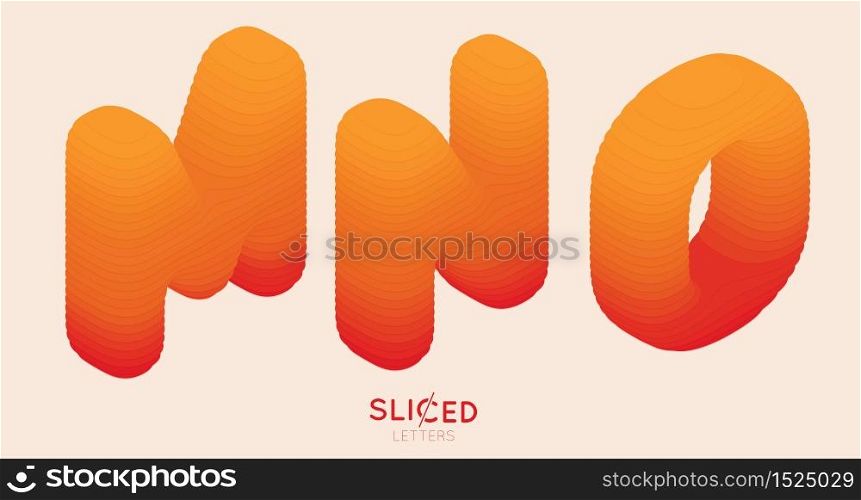 Abstract paper cut sliced letters with color gradient. Paper sclices with soft shadow form 3d letters. Minimalistic design. Alphabet vector illustration. Paper craft symbols M N O. Abstract paper cut sliced letters with color gradient. Paper sclices with soft shadow form 3d letters. Minimalistic design. Alphabet vector illustration. Paper craft symbols M N O.