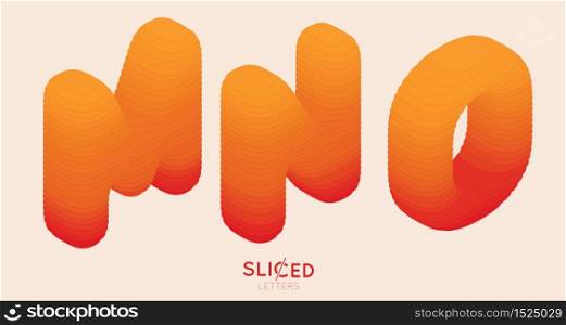 Abstract paper cut sliced letters with color gradient. Paper sclices with soft shadow form 3d letters. Minimalistic design. Alphabet vector illustration. Paper craft symbols M N O. Abstract paper cut sliced letters with color gradient. Paper sclices with soft shadow form 3d letters. Minimalistic design. Alphabet vector illustration. Paper craft symbols M N O.