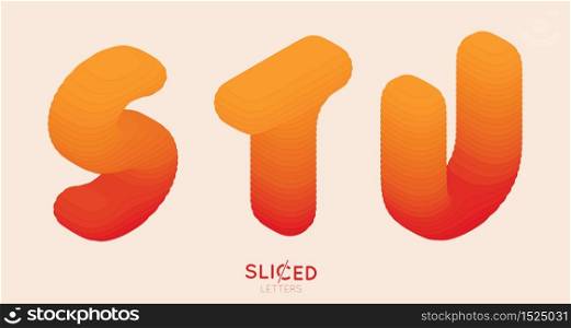 Abstract paper cut sliced letters with color gradient. Paper sclices with soft shadow form 3d letters. Minimalistic design. Alphabet vector illustration. Paper craft symbols S T U. Abstract paper cut sliced letters with color gradient. Paper sclices with soft shadow form 3d letters. Minimalistic design. Alphabet vector illustration. Paper craft symbols S T U.