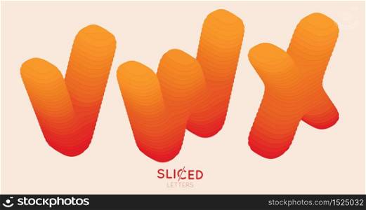 Abstract paper cut sliced letters with color gradient. Paper sclices with soft shadow form 3d letters. Minimalistic design. Alphabet vector illustration. Paper craft symbols V W X. Abstract paper cut sliced letters with color gradient. Paper sclices with soft shadow form 3d letters. Minimalistic design. Alphabet vector illustration. Paper craft symbols V W X.