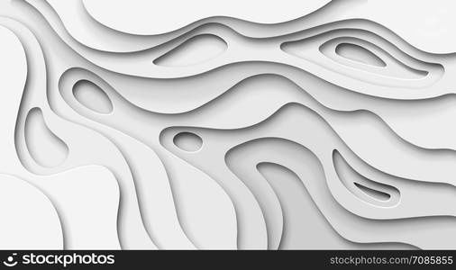 Abstract paper cut white background. Topographic canyon map light relief texture, curved layers and shadow. Paper topography pattern art 3d vector banner. Abstract paper cut white background. Topographic canyon map light relief texture, curved layers and shadow. Paper art 3d vector banner