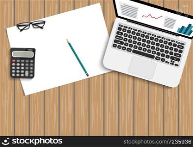 Abstract paper for background on wood. With metal pencil, mobile smartphone and laptop. Vector illustration.