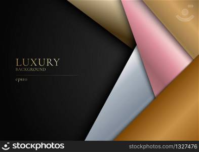 Abstract paper golden, silver, pink gold overlapping layer on black background modern luxury design. Vector illustration