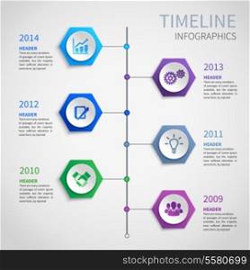 Abstract paper timeline infographics design template with hexagon buttons and business icons vector illustration