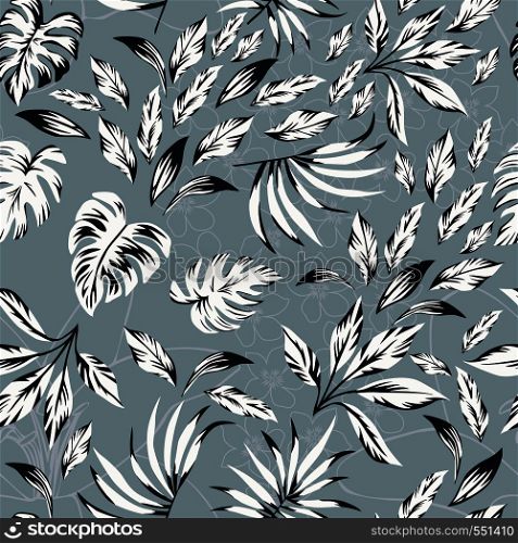 Abstract pattern black white exotic leaves on the contour floral background. Seamless vector composition