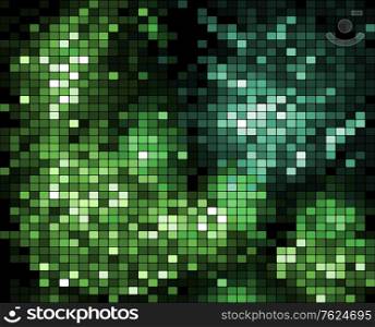 Abstract pattern of graduated green mosaics with small square tiles scattered in a random pattern of different hues of green, vector illustration. Abstract pattern of graduated green mosaics