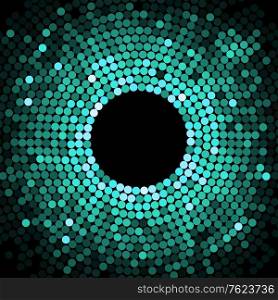 Abstract pattern of graduated turquoise shiny dots or circles going from the darkest at the outer edge around a central black hole or vortex with copyspace
