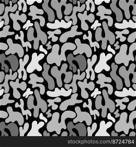 Abstract pattern of white and gray spots on a black background. A simple pattern of spots. circles, ovals, shapes. Abstract style, design for fabric, textile, paper. Vector illustration. .  Monochrome abstract pattern of spots, ovals