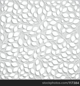 Abstract pattern of white branches with leaves. 3D texture with long shadows. Vector EPS 10. Abstract natural pattern with leaves