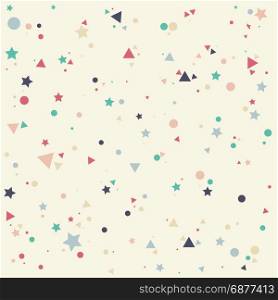 Abstract pattern with pastels colorful blue, gray, pink, orange small circles, stars and triangles on yellow background. Infinity geometric. Vector illustration