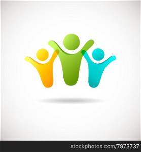 Abstract people logo, sign, icon. Blue, green and yellow people symbols. Vector concept for social network, team work, business company, partnership, friends, family and other