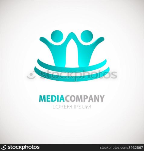 Abstract people logo, sign, icon. Blue people symbols. Two man holding hands concept.Vector concept for social network, team work, business company, partnership, friends, family and other