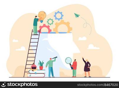 Abstract persons head filled with creative ideas. Office workers engaged in joint research for business growth ideas flat vector illustration. Teamwork, innovation, imagination, brainstorming concept