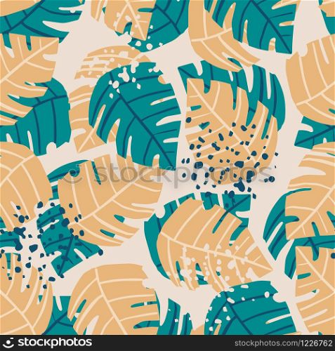 Abstract philodendron plant. Seamless pattern with doodle monstera leaves. Tropical pattern, botanical leaf wallpaper. Exotic design for fabric, textile print, wrapping paper. Vector illustration. Abstract philodendron plant. Seamless pattern with doodle monstera leaves.