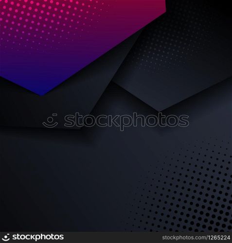 Abstract pink and blue geometric hexagon direction overlay layered with shadow and halftone on black background and texture. Vector illustration