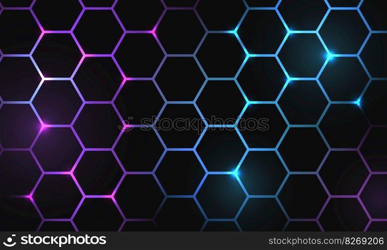 Abstract pink blue light hexagon mesh on black design modern futuristic background vector 