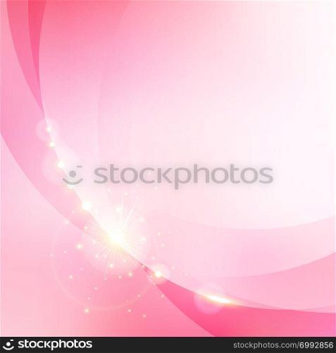 Abstract pink blurred bokeh background with gold shining glittering light elements. Valentines day and wedding card. Vector illustration