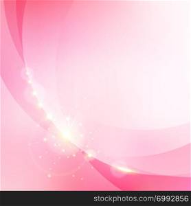 Abstract pink blurred bokeh background with gold shining glittering light elements. Valentines day and wedding card. Vector illustration