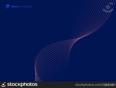 Abstract pink dots wave flowing particles on blue background. Technology concept. Vector illustration