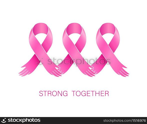 Abstract pink ribbon holding hands. Breast Cancer Awareness Month Campaign. Icon design for poster, banner, t-shirt. Illustration isolated on white background.