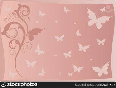 Abstract plant and butterflies on grunge pink background