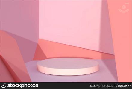 Abstract podium. Realistic 3D round platform. Empty pedestal for product advertising. Modern stage with shadow overlay effects and decorative wall construction. Vector blank showcase in pink colors. Abstract podium. Realistic 3D round platform. Empty pedestal for product advertising. Stage with shadow overlay effects and decorative wall construction. Vector showcase in pink colors
