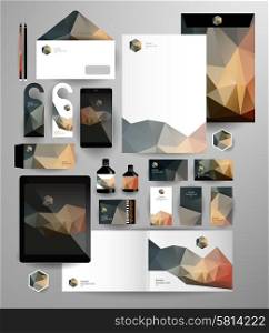 Abstract polygonal business set. Geometric, triangles. Corporate identity templates blank, business cards, badge, envelope, pen, Folder for documents, Tablet PC, Mobile Phone