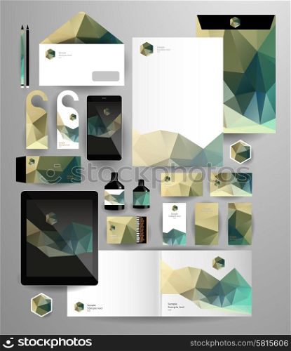 Abstract polygonal business set. Geometric, triangles. Corporate identity templates blank, business cards, badge, envelope, pen, Folder for documents, Tablet PC, Mobile Phone