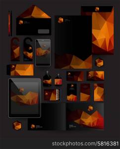 Abstract polygonal business set. Geometric, triangles. Corporate identity templates: blank, business cards, badge, envelope, pen, Folder for documents, Tablet PC, Mobile Phone