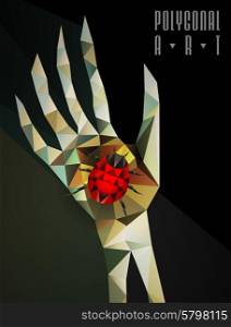 Abstract polygonal hand with beetle. Geometric hipster illustration. Polygonal poster. Ladybird polygonal