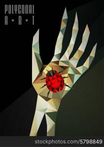 Abstract polygonal hand with beetle. Geometric hipster illustration. Polygonal poster. Polygonal modern elements