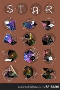 Abstract polygonal label design. Elements of astronomy. Abstract polygonal cosmic crystal and label. Elements of astronomy and constellation. Cosmic style. low poly illustration