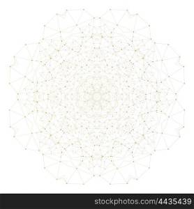 Abstract polygonal low poly backdrop with connecting dots and lines, golden mandala isolated on white background, connection structure. Digital or science vector.