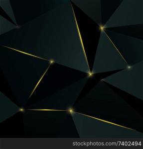 Abstract polygonal luxury pattern, premium background with dark triangles, gold reflections and lights.