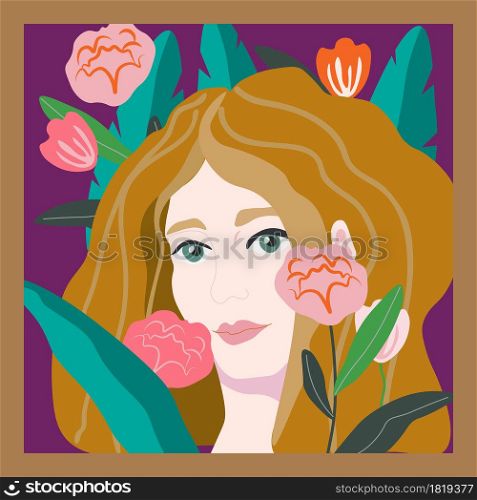Abstract portrait of a bright, beautiful woman on a purple background surrounded by flowers and leaves. Vector illustration