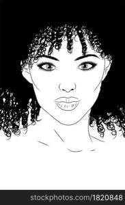 Abstract portrait of young black girl with curly hair lineart illustration.