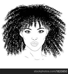 Abstract portrait of young black girl with curly hair lineart illustration.