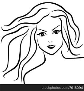 Abstract portrait of young woman with flowing hair, hand drawing vector outline