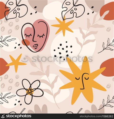Abstract portrait seamless pattern. Woman face and shapes in minimalist art style. Modern fashion print. Continuous line vector background. Illustration abstract fashion pattern. Abstract portrait seamless pattern. Woman face and shapes in minimalist art style. Modern fashion print. Continuous line vector background
