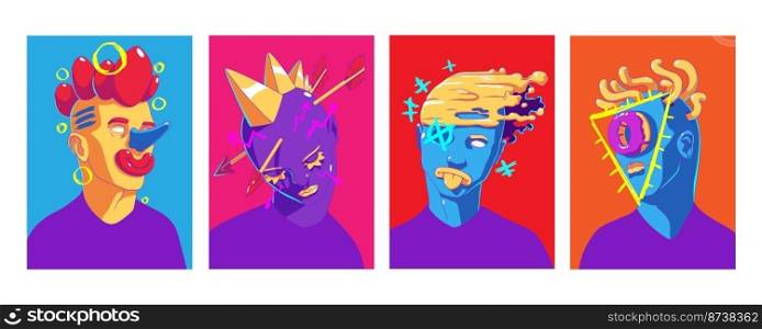 Abstract portraits in trendy contemporary style. Creative modern art posters with people faces with crazy design and geometric shapes on colored background, vector collection. Abstract portraits in trendy contemporary style