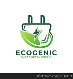 Abstract Power Adapter Socket and Leaf Combination as Green Eco Energy Logo Design.